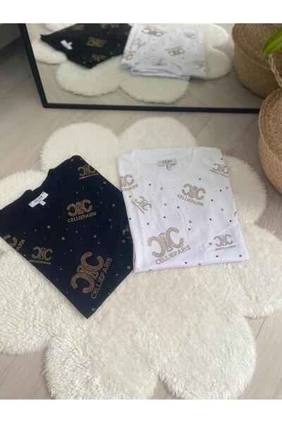 rose tml giyim Kadın İkili Siyah Beyaz Yazılı Taşlı Tasarım Bluz T-Shirt
