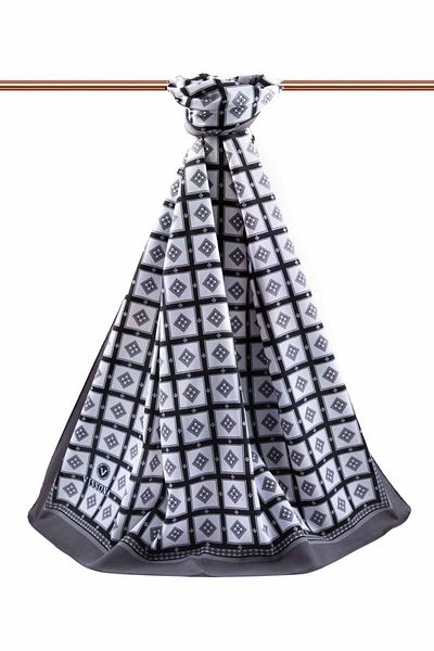 Vissona Luxury Medina Silk - Γκρι τετράγωνο σχέδιο, 75x195, Τύπος ραφής Moss Crepe χωρίς ρυτίδες - Ιταλική ραμμένη