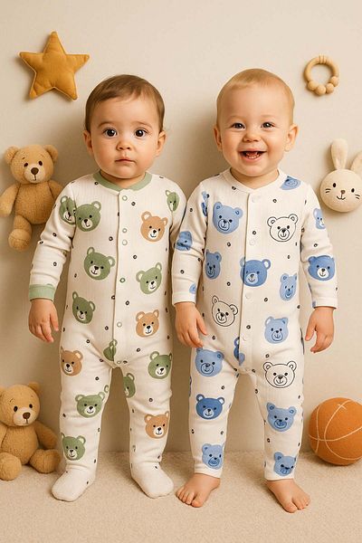 MYZİ STORE Baby Organic 100% Cotton Green Blue Bear Patterned Jumpsuit Set Set of 2