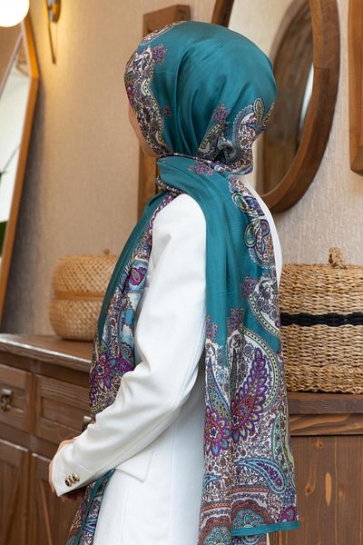 Vissona Σάλι 100% Silk Etro με σχέδιο βενζίνης πράσινο χρώμα 92x210