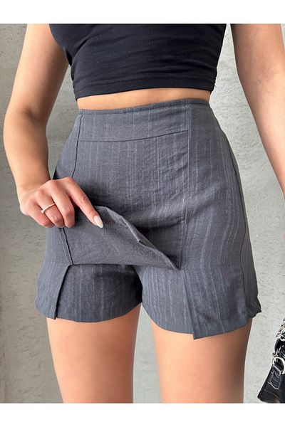 Miss Prova Slit Detail Linen Blended Mini Shorts Skirt Mıssetk2640