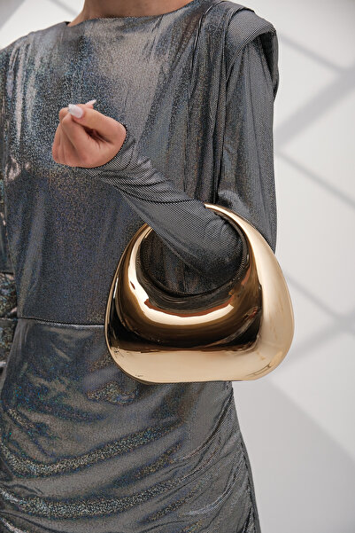 ROZA CANTA Geantă de mână pentru rochie de seară din metal auriu strălucitor pentru femei