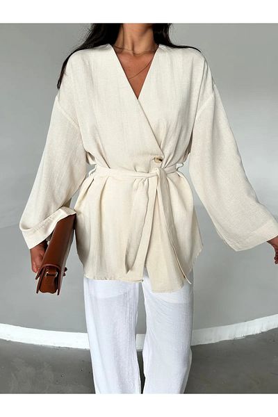 My Blog Stone Kimono aus 100 % Baumwolle mit Knöpfen und Gürtel – 005