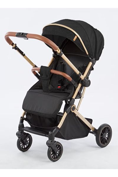 BabyCara Reversible Baby Stroller For Travel With Wide Cannop, Golden Frame, Big Basket One Touch Fold Black