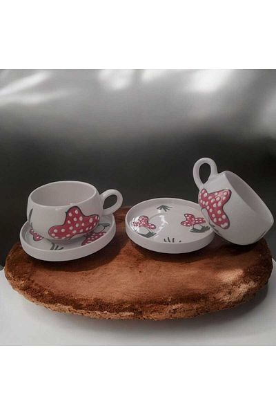 Home Ceramic Handcrafted Large Mushroom Patterned Cup Set for 2 People with Plate