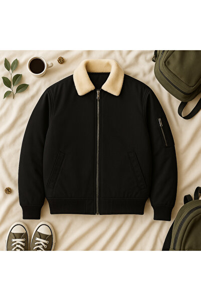 YONEZ MODA Unisex Siyah Peluş Beyaz Yaka Oversize Çift Cepli Bomber Ceket Kolej Ceket