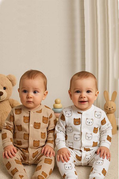 MYZİ STORE Baby Organic 100% Cotton Bear Patterned Jumpsuit Set of 2