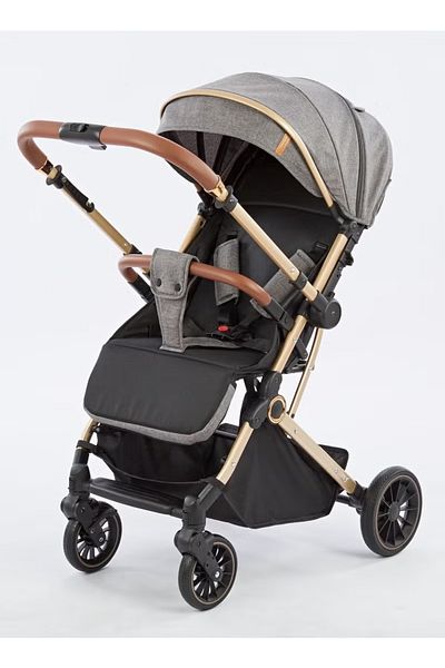 BabyCara Reversible Baby Stroller For Travel With Wide Cannop Golden Frame, Big Basket One Touch Fold Grey