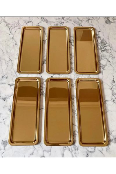 Mira züccaciye Luxury 6-Piece Stainless Steel Gold Color Baton Tea, Coffee Decorative Presentation, Serving Tray