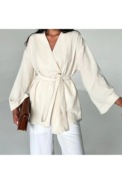My Blog Stone Kimono aus 100 % Baumwolle mit Knöpfen und Gürtel – 005