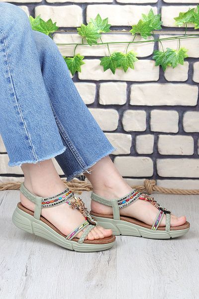 Vojo Bead Talpă confortabilă Bead Stone Detaliat Sandale elastice pentru femei Verde