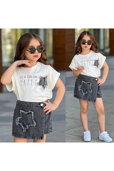 sinmm Girl's Star Embroidered Shorts Skirt T-Shirt 2-Piece Top-Bottom Set Black Color