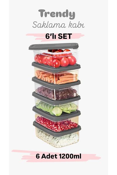Doğuş Mutfak 6 Pieces Rectangular Food Storage Container - Microwave Suitable Organizer Organizer 1.2 Lt Gray