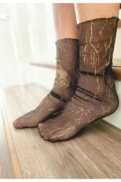 DİLARRA Boutique Șosete din tul negru cu model auriu