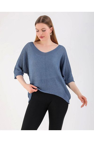 SUMEF Bat V-Neck Thin Knitwear Bluză pentru femei-albastru