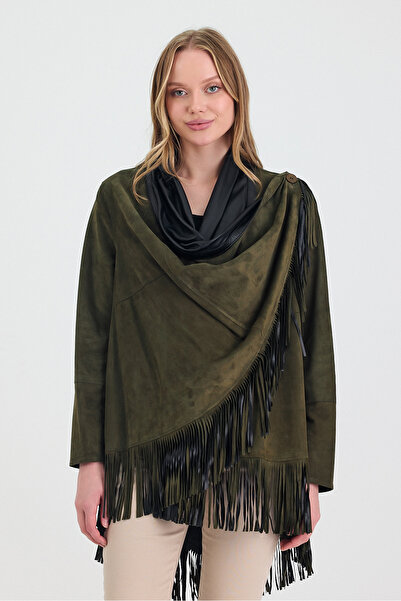 Orkır collection Haki Hakiki Oğlak Derisi Süet Salisbury Kadın Panço