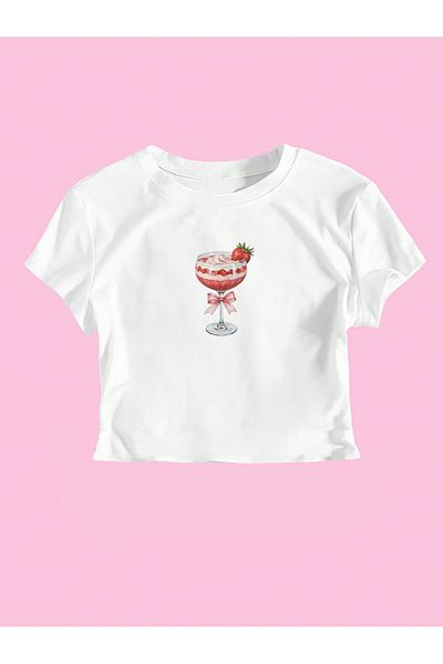EVIus Crop de tricou cu imprimeu Cocktail Strawberry pentru femei