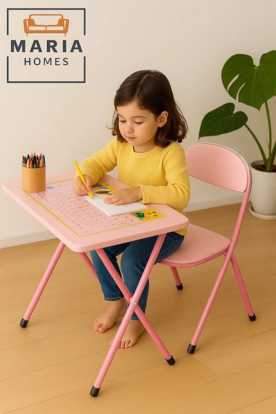MARIA HOMES Pink Kids Study Table and Chair Set – Foldable Learning Desk with Alphabet Design