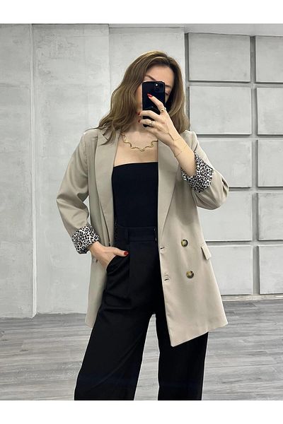 Coral Leopard Lined Double Breasted Jacket Stone