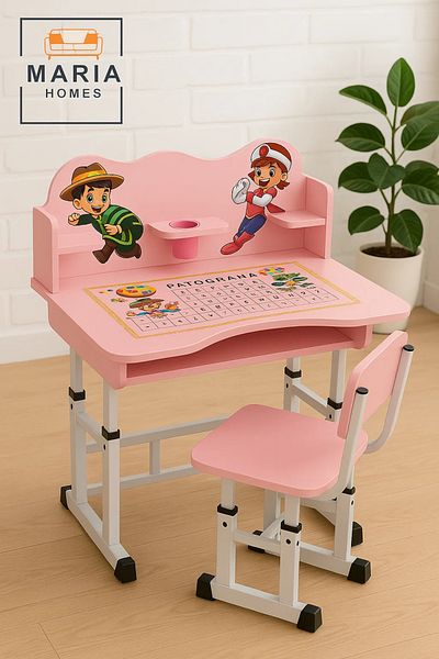 MARIA HOMES Pink Kids Study Desk and Chair Set with Cartoon Design and Alphabet Tabletop