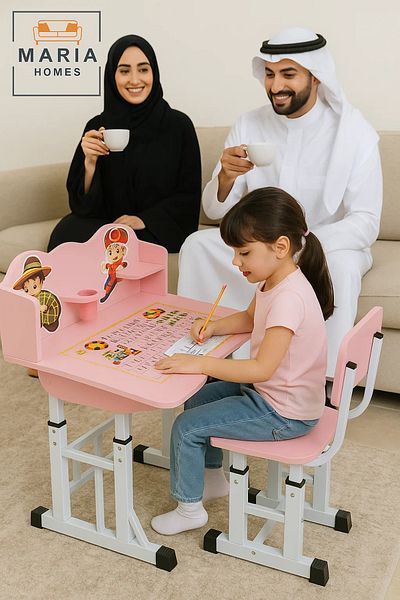 MARIA HOMES Pink Kids Study Desk and Chair Set with Cartoon Design and Alphabet Tabletop