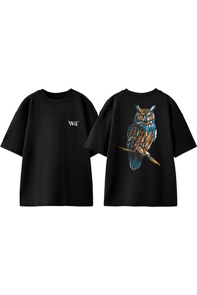 THEWERT Owl Design Back Printed Cotton Black Oversize T-Shirt