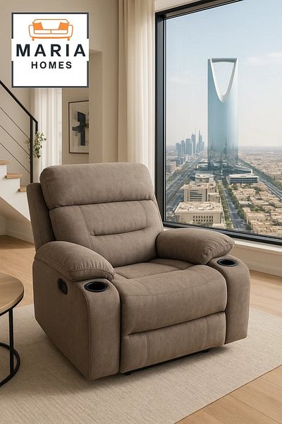 MARIA HOMES Brown Recliner Armchair with Dual Cup Holders – Comfortable Fabric Lounge Chair for Living Room