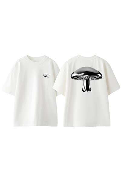 THEWERT Dizajn srebrne pečurke Leđa Štampano Pamuk Bela Oversize kroj T-shirt