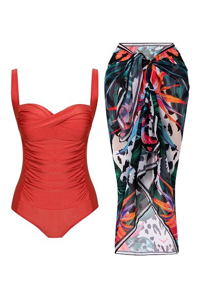 CUPSEA Women's Front Draped Cinnamon Swimsuit Lana-Black Leo Leaf Pattern Pareo Set of 2 Stylish and Slimming Effect