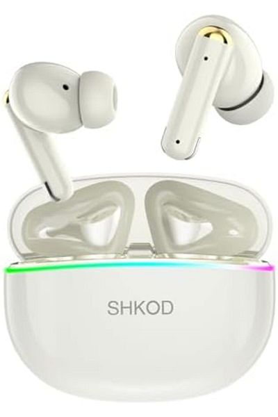 Generic سماعات أذن لاسلكية SHKOD AirLits5 Pro، 4 ميكروفونات ENC، بطارية 45 ساعة، مشغل 13 مم، بلوتوث 5.4، أبيض