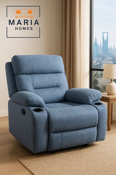 MARIA HOMES Blue Recliner Chair with Cup Holders – Plush Fabric Armchair for Living Room Comfort & Relaxation