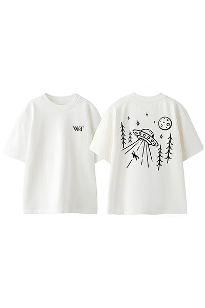 THEWERT Flying Saucer Ufo Doodle Design Back Printed Cotton White Oversize T-Shirt