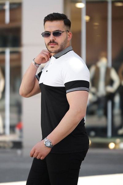 modaserdem Men's Collared Double Color Short Sleeve T-Shirt