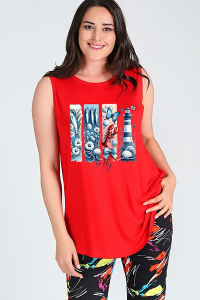 Curvy Trend Large Size Lighthouse Salty Printed Sleeveless Viscose Basic Blouse