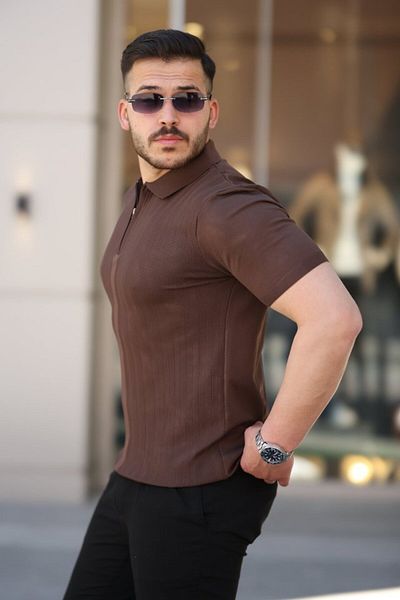 modaserdem Men's Short Sleeve T-Shirt with Zipper Collar