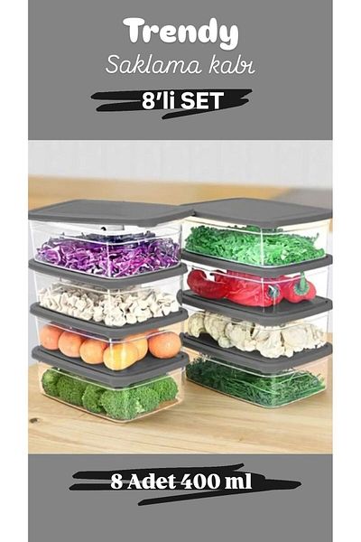 Doğuş Mutfak 8 Pieces Rectangular Food Storage Container - Microwave Suitable Organizer Organizer 400 ml Gray