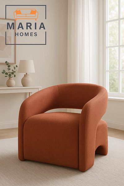 MARIA HOMES Rust Orange Modern Curved Fabric Armchair – Minimalist Accent Chair for Living Room