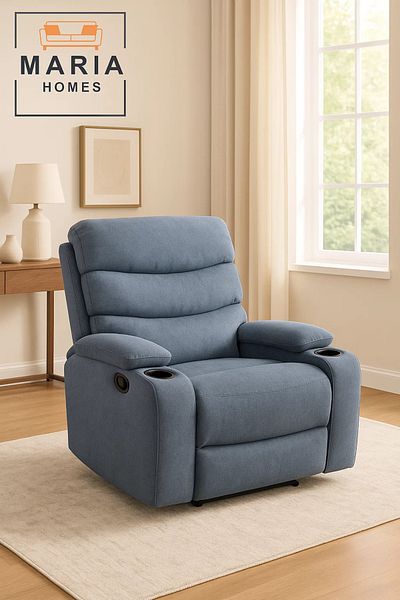 MARIA HOMES Blue Recliner Armchair with Dual Cup Holders – Plush Fabric Lounge Chair for Home & Cinema Use