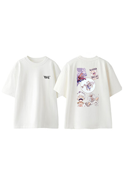 THEWERT One Piece Funny Luffy Tasarım Sırt Baskılı Pamuk Beyaz Oversize T-shirt