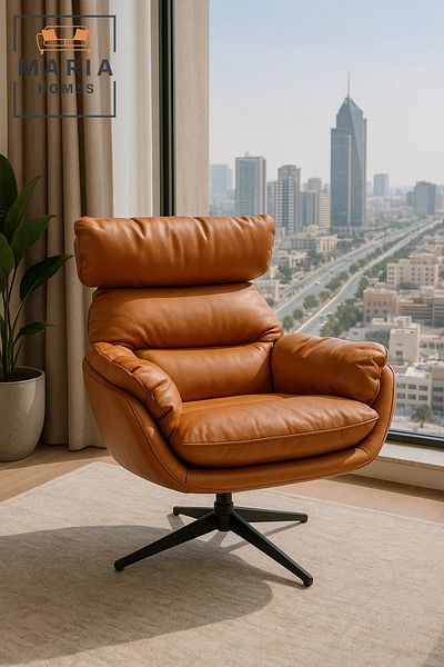 MARIA HOMES Modern Orange Faux Leather Lounge Chair with Headrest – Comfortable Accent Chair for Home & Office