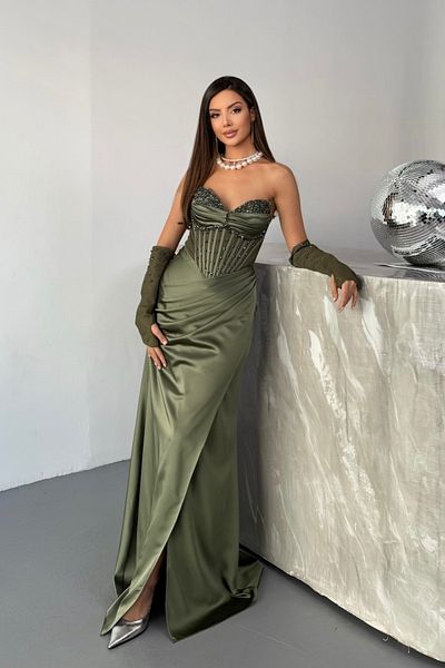 İyem Abiye Stylish Satin with Stones on the Chest and Sleeves Lace Transparent Stylish Evening Dress Full Mold