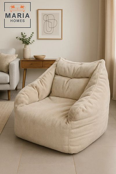 MARIA HOMES Beige Corduroy Bean Bag Chair – Large Floor Lounger with Back and Arm Support