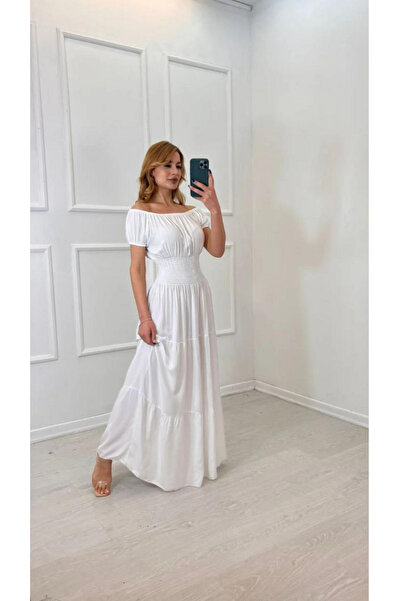 Fibula Madonya yaka standart beden kısa kol ğipeli viskon kat elbise