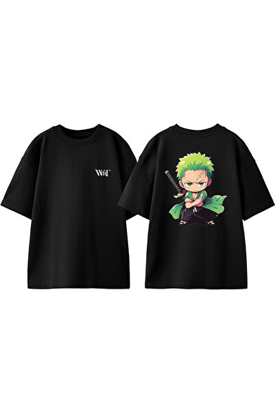 THEWERT Tricou negru oversize din bumbac imprimat pe spate One Piece Resentfu...