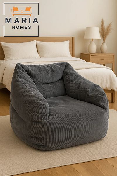 MARIA HOMES Gray Corduroy Bean Bag Chair – Ultra Soft Floor Seating with Arm & Back Support