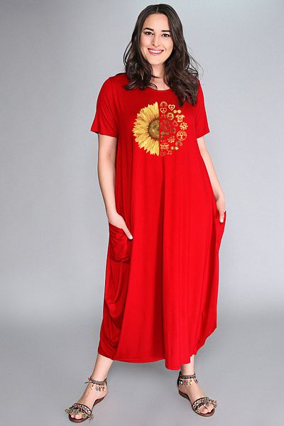 Curvy Trend Plus Size Sun Flower Printed Jumbo Short Sleeve Dress