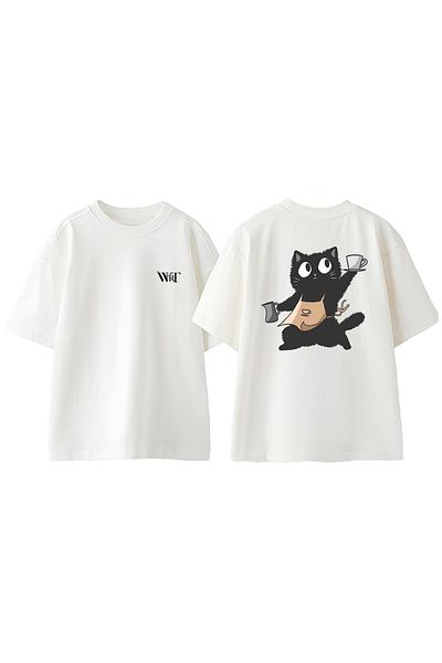 THEWERT Garson Cat Design Back Printed Cotton White Oversize T-Shirt