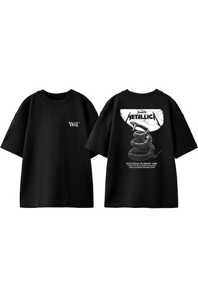 THEWERT Metallıca Snake Design Back Printed Cotton Black Oversize T-Shirt