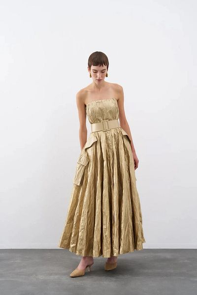 cercis Belt Detailed Pocket Strapless Shiny Long Evening Dress