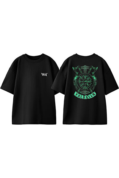 THEWERT Zeleni Valhalla dizajn leđa Štampano Pamuk crna Oversize kroj T-shirt